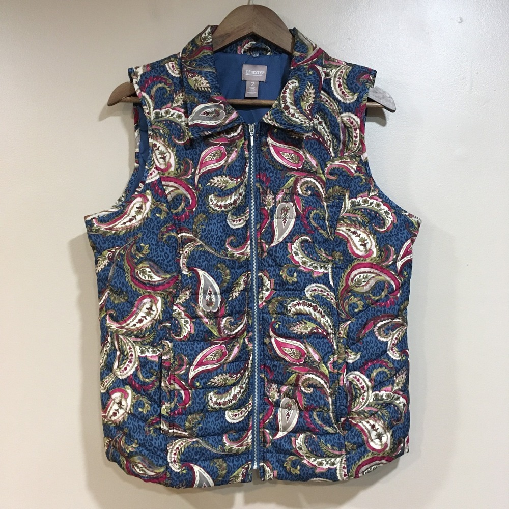 Chicos Paisley Quilted Puffer Vest Womens L Chicos Sz 2 Blue Coastal Boho Casual